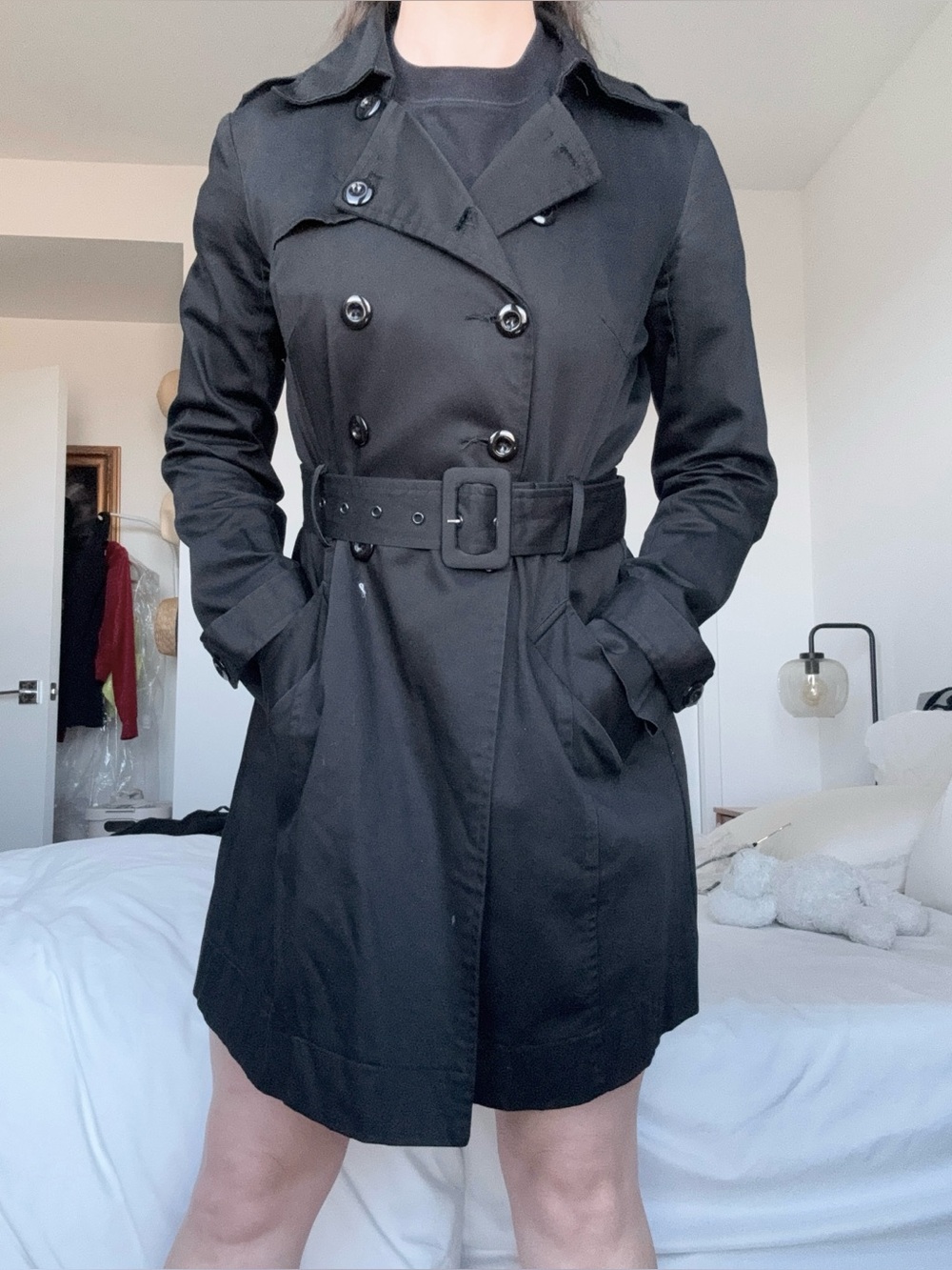 grass collection Black Double-Breasted Trench Coat with Belt Cotton Classic Fall